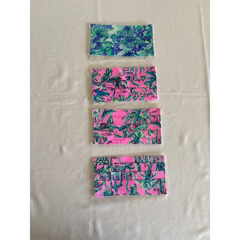 Lilly Pulitzer Face Mask 4 Pack OS Pink Blue NEW Tropical Pleated Cotton Mask
